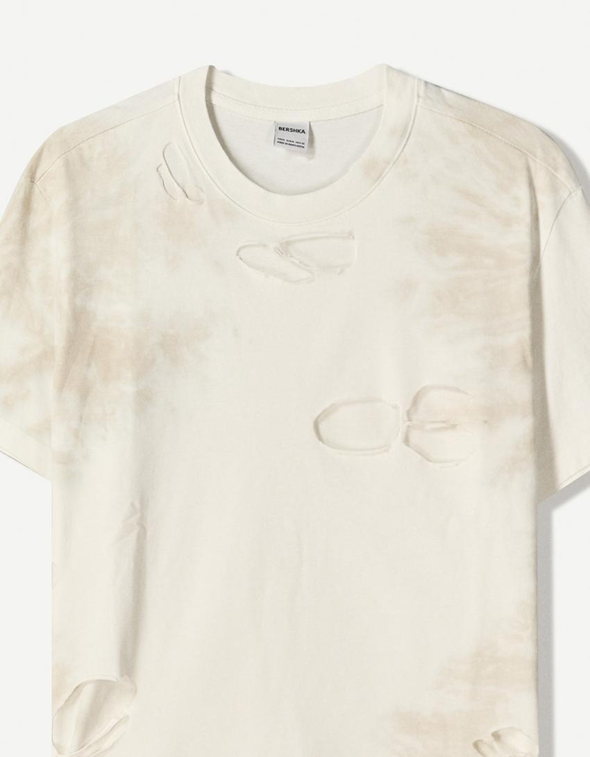 T-shirt manches courtes déchiré effet délavé-Beige-2