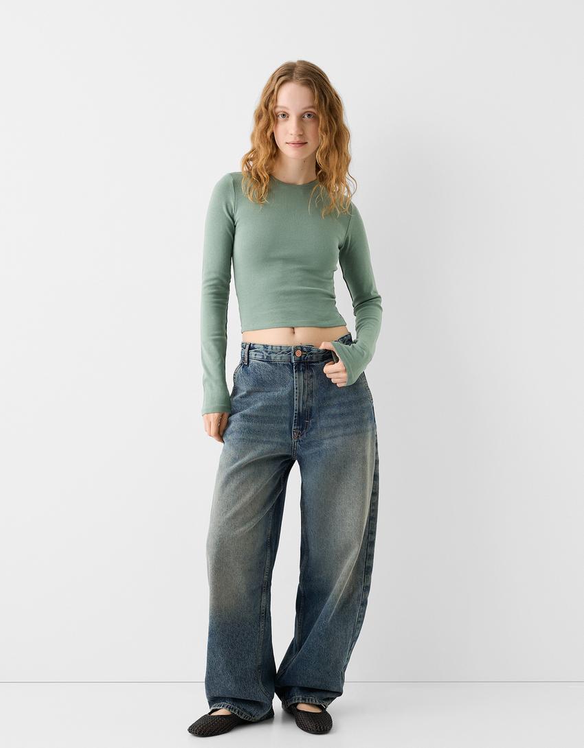 Uzun kollu bisiklet yaka t-shirt-Haki-3