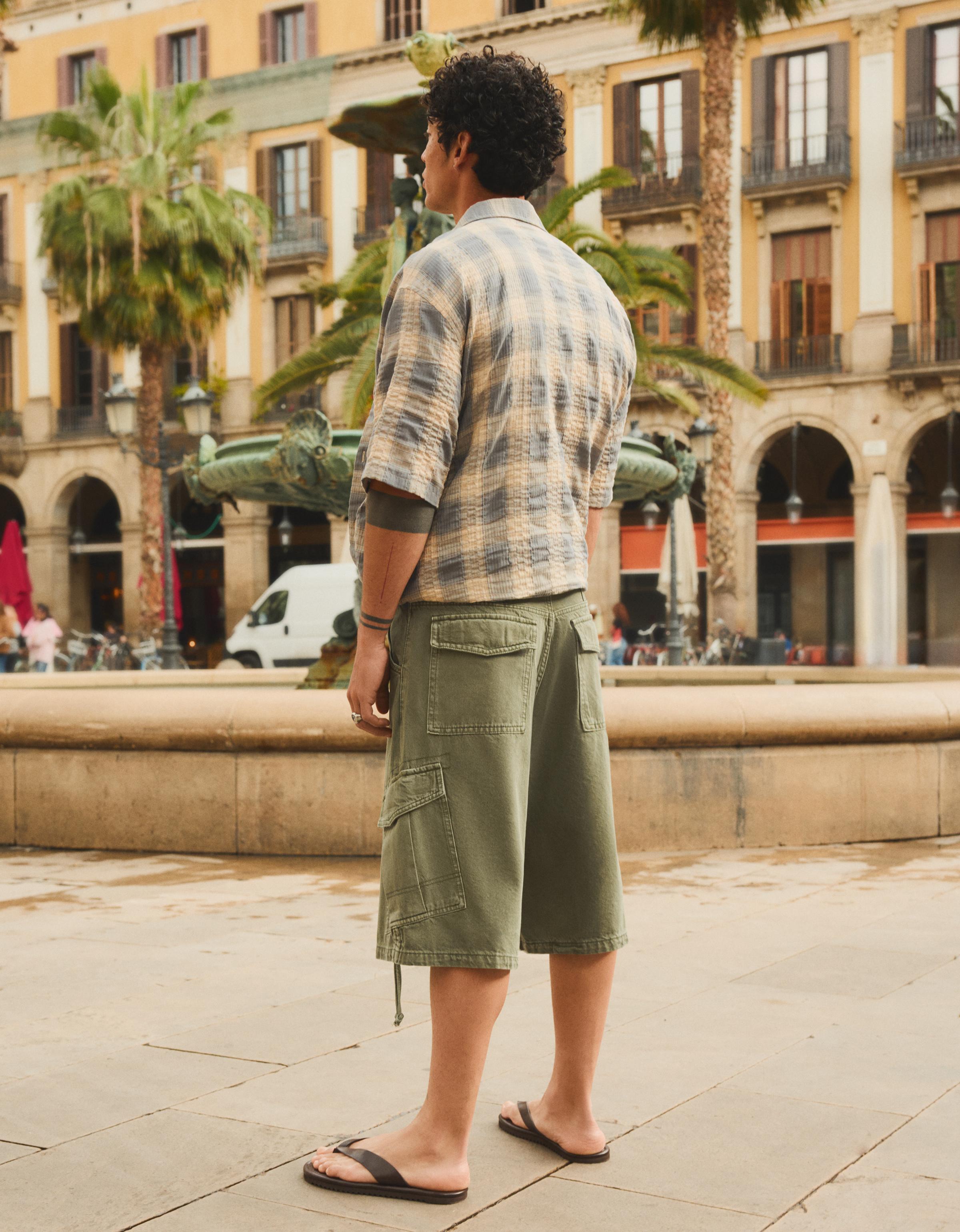 Denim cargo parachute Bermuda shorts — Khaki