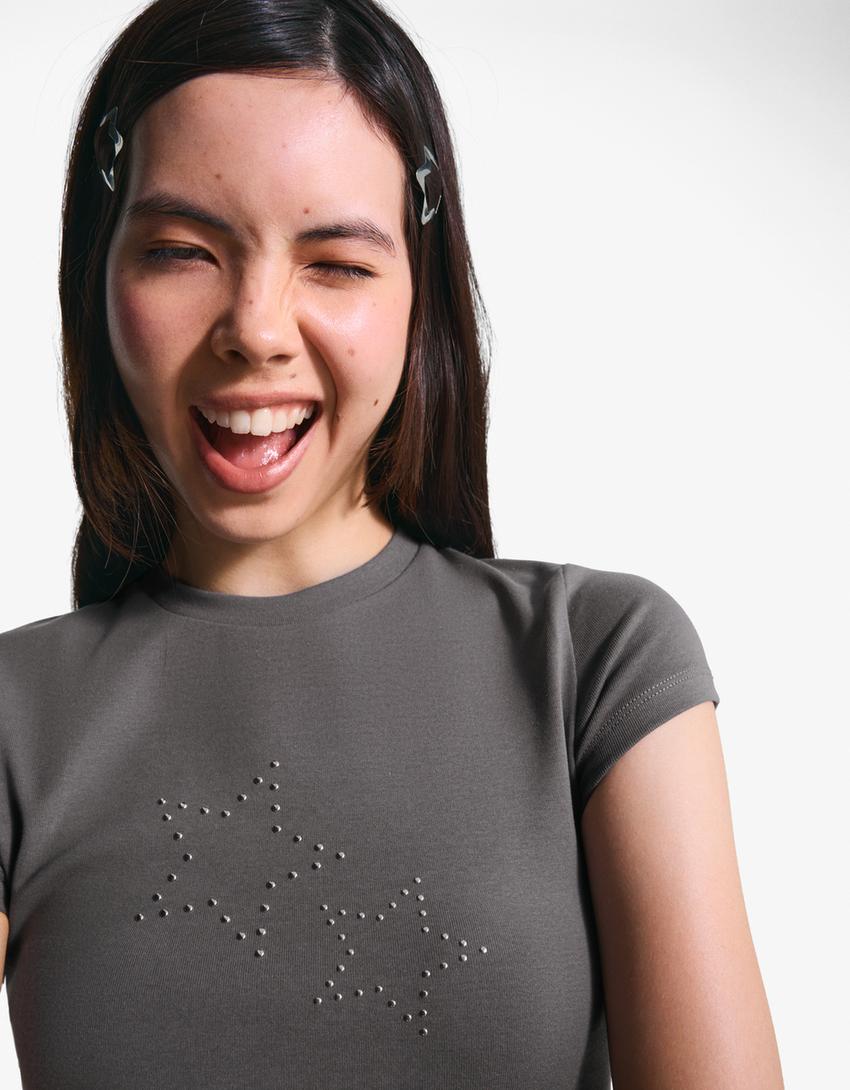 Short sleeve T-shirt with studs-Grey-1