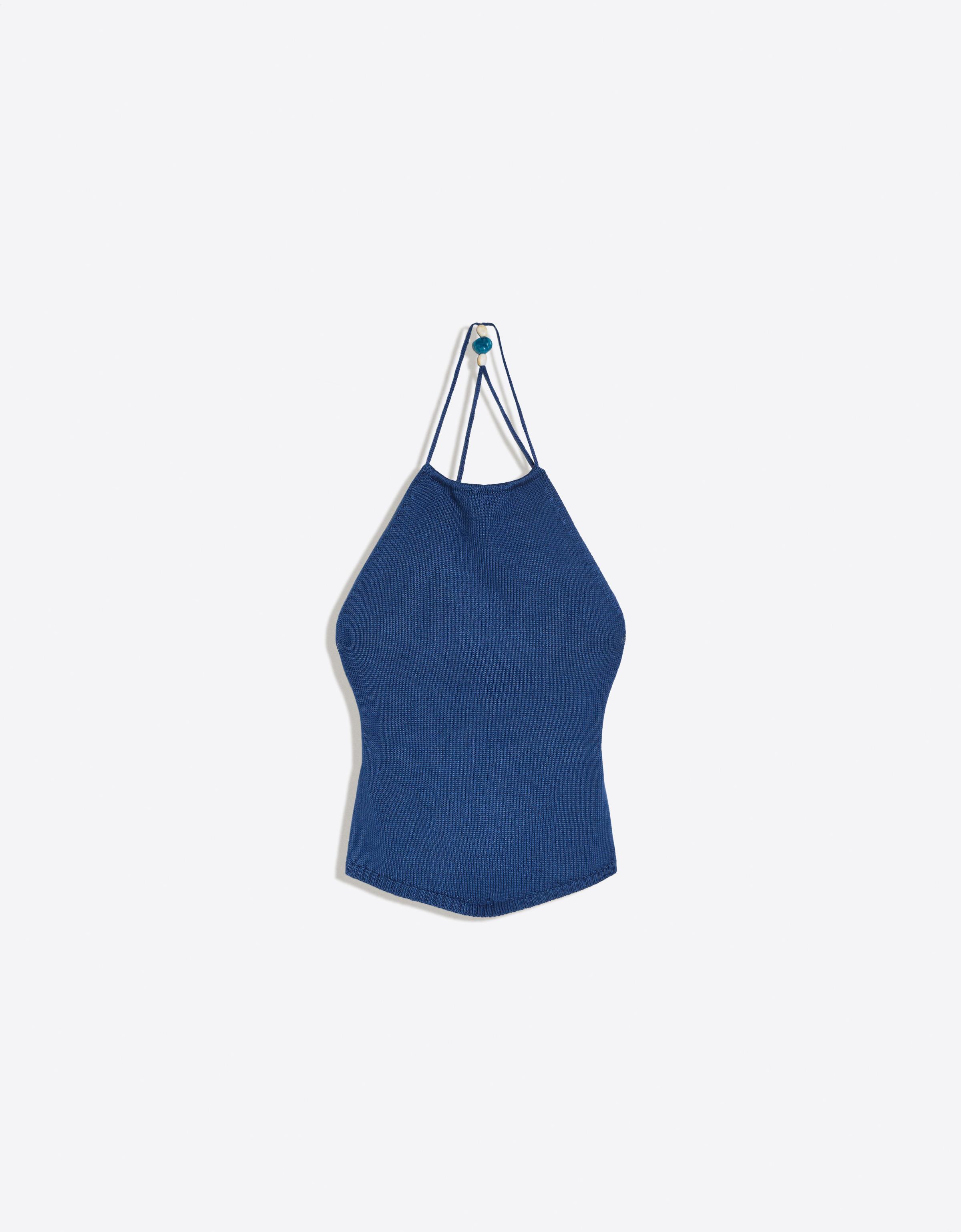 Bershka Top Rústico Halter Mujer Azul
