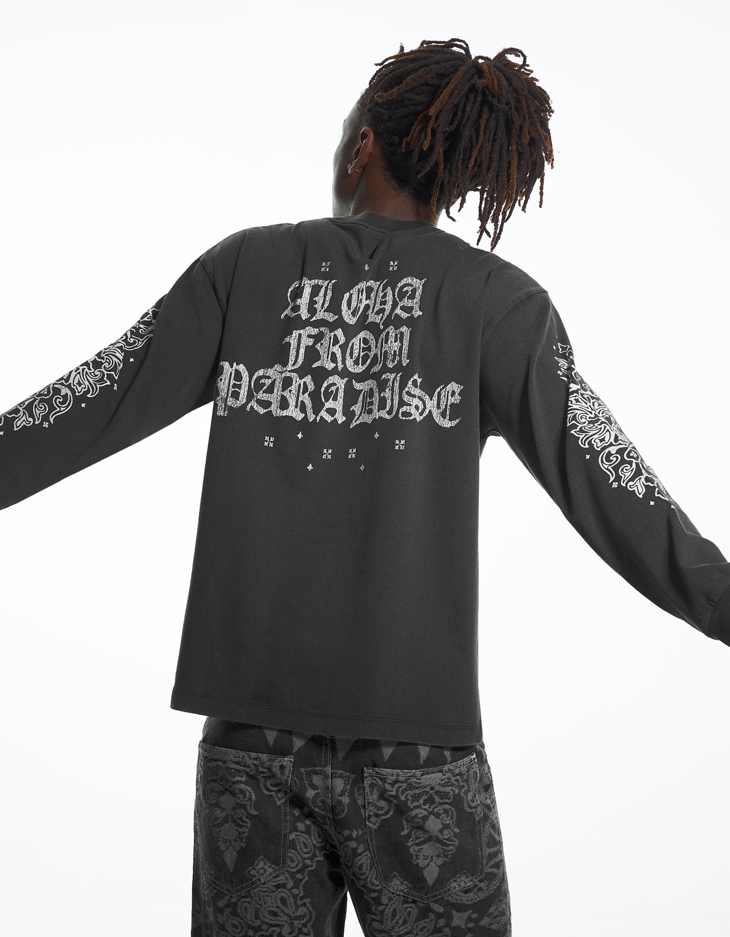 Bershka Koszulka Z Długim Rękawem Z Efektem Prania Aries X Bershka Mężczyzna Szary