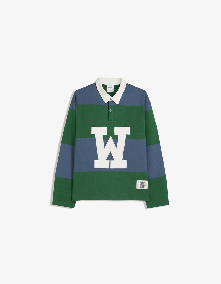 Striped long sleeve boxy fit polo shirt-Green
