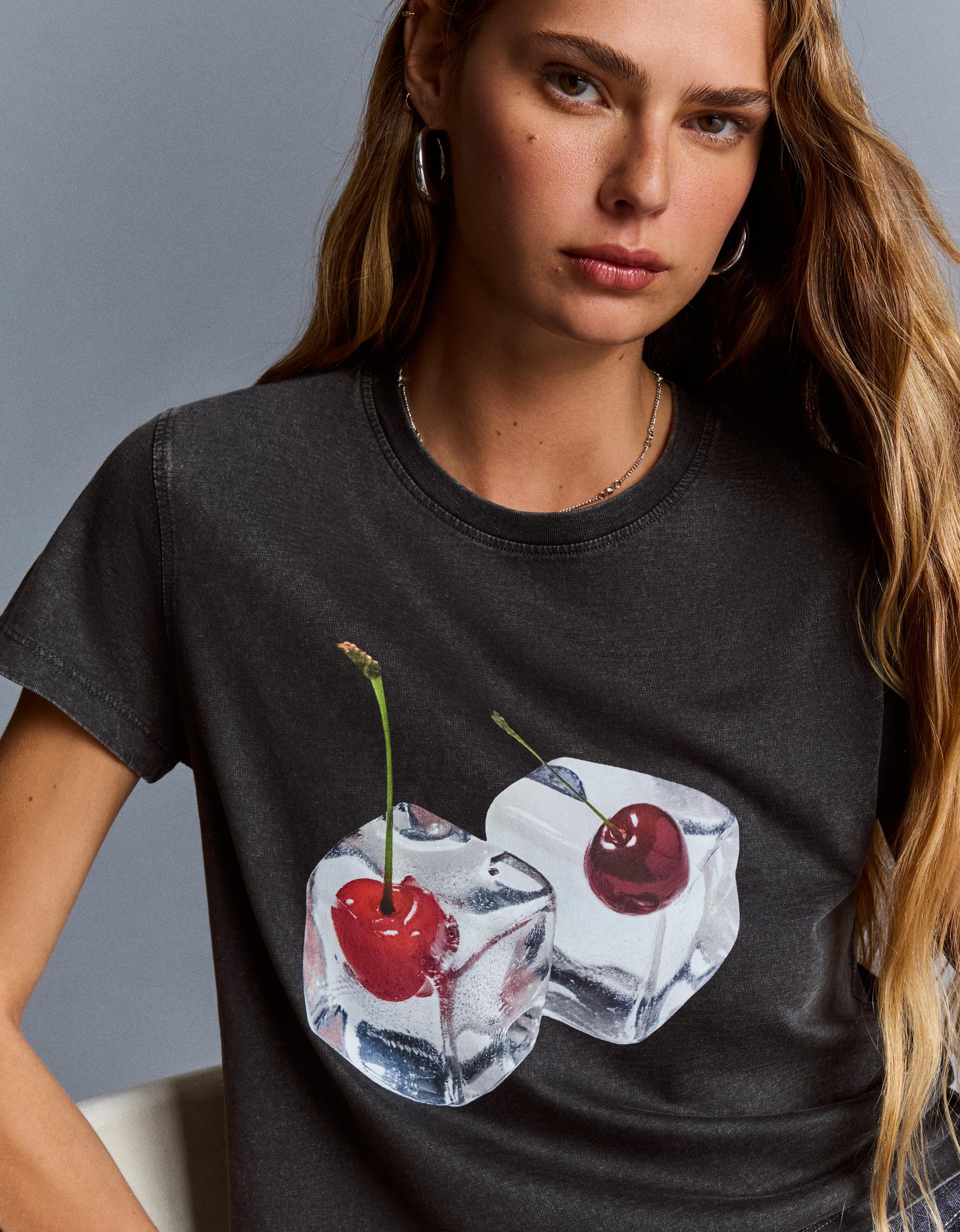 Bershka T-Shirt Mit Print Damen L Dunkelgrau