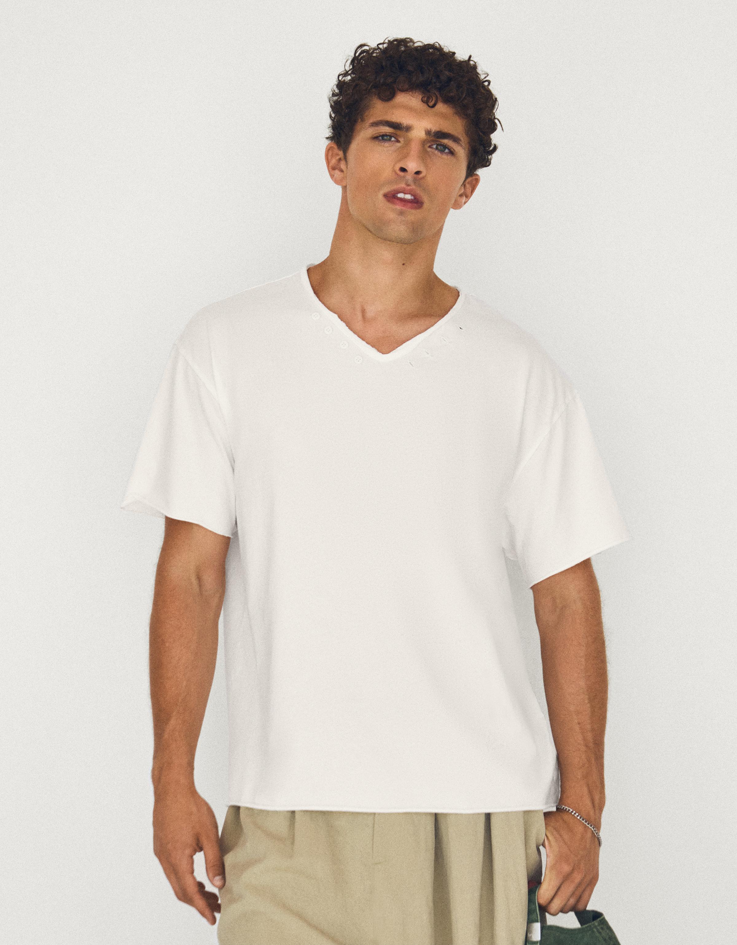 Camiseta Manga Corta Cuello Pico Hombre L Blanco