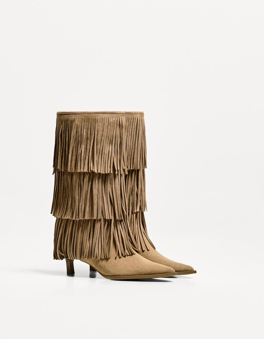 Kitten heel boots with fringing-Tan-5