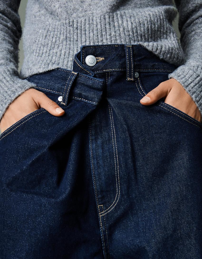 Jeans perna larga cintura cruzada-Marinho