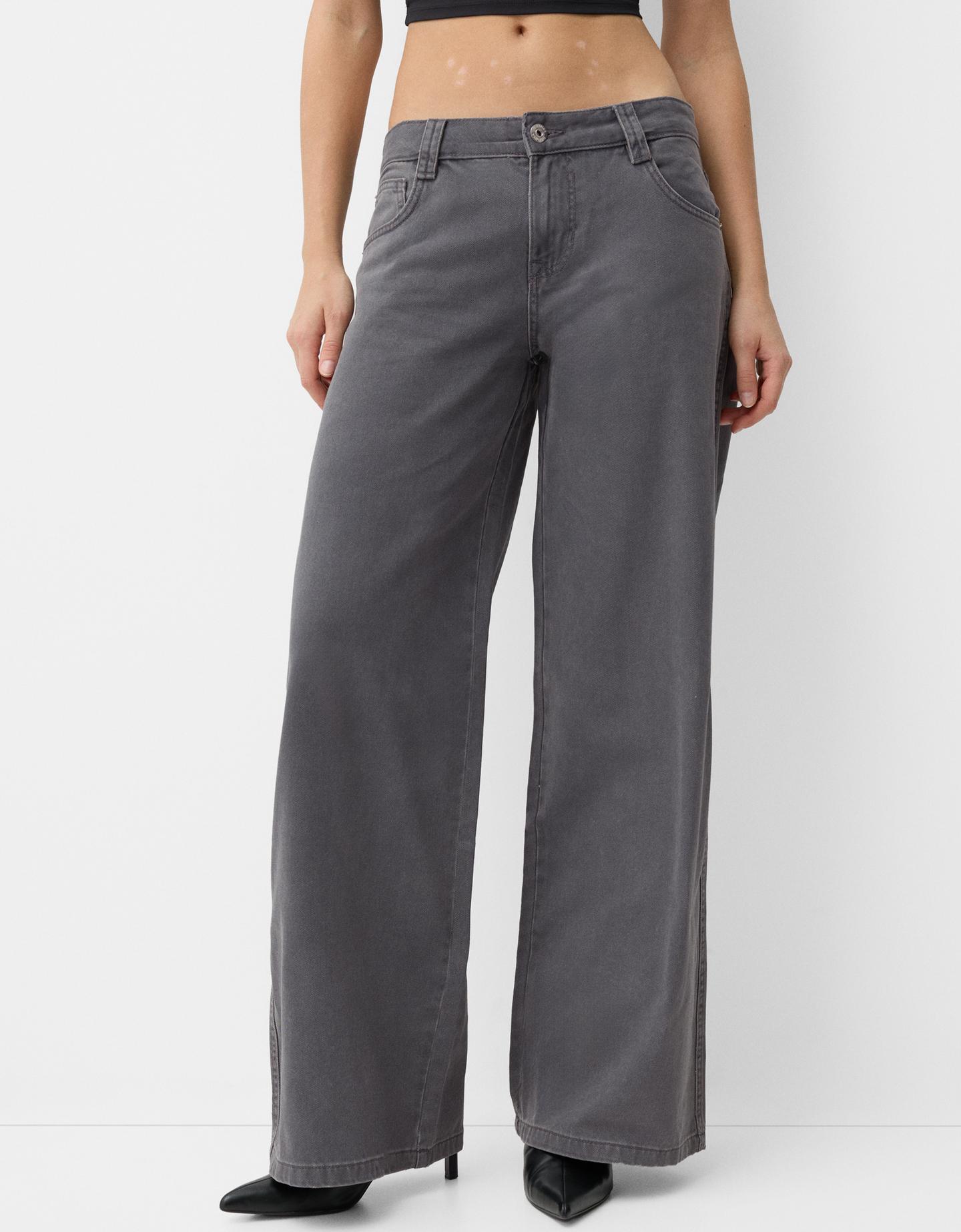 Bershka Straight-Fit-Hose Aus Serge Mit Print Damen 42 Grau günstig online kaufen