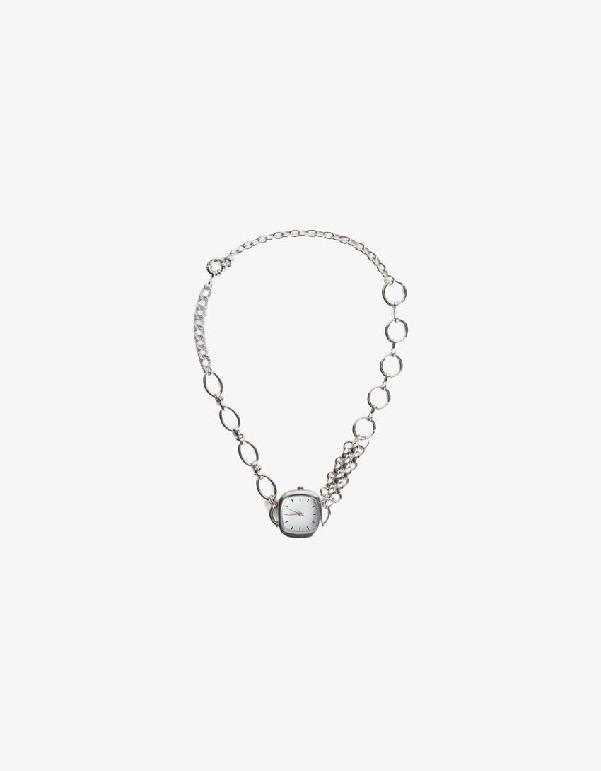 Náhrdelník choker Signature Edition s hodinkami-Stříbrná