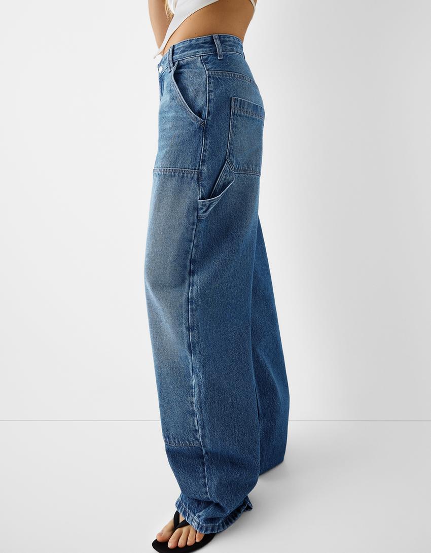 بنطال جينز عمالي ريفي واسع بقصّة بالون-أزرق فاتح-3