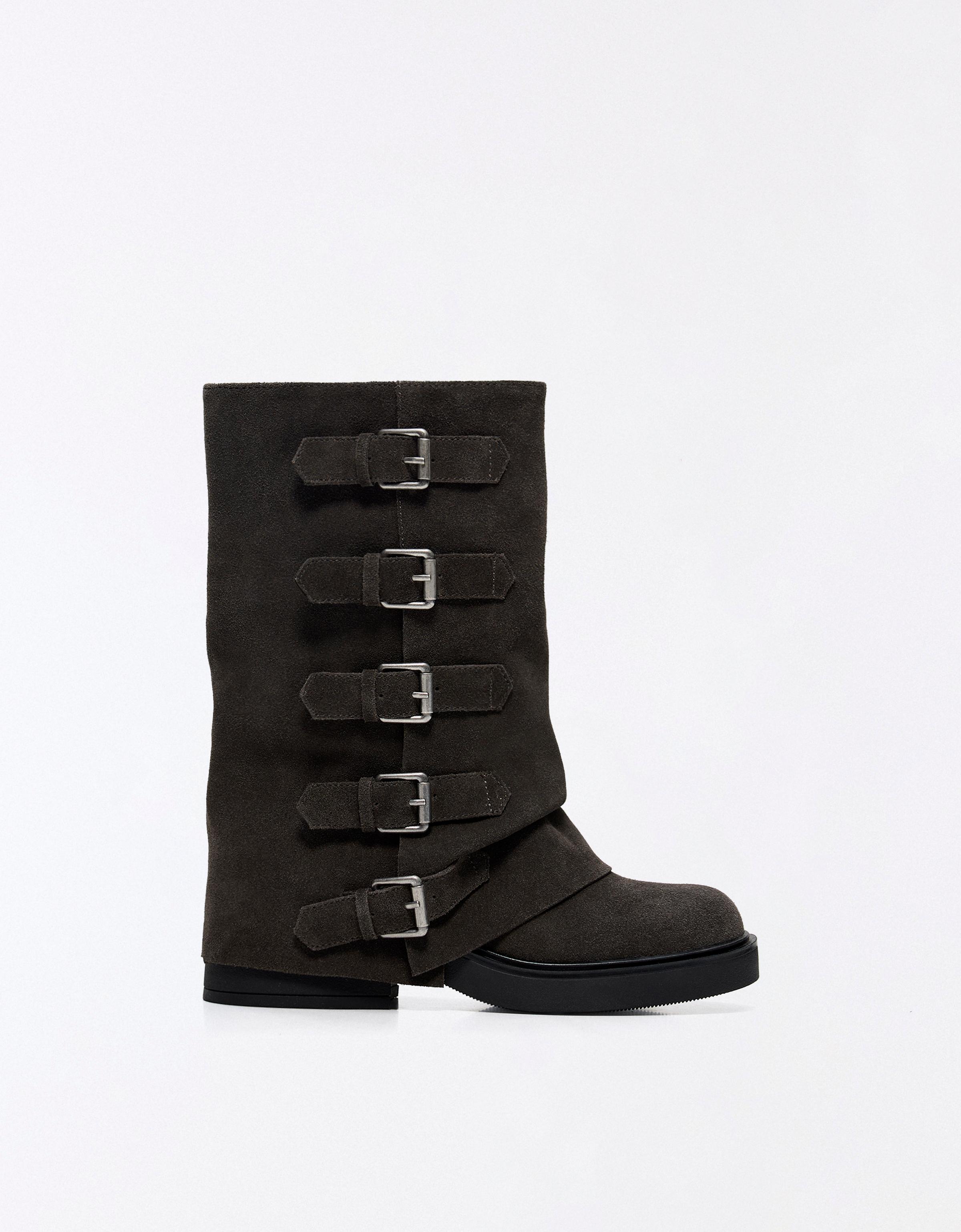 LEATHER TROUSER ANKLE BOOTS WITH BUCKLES — TAUPE