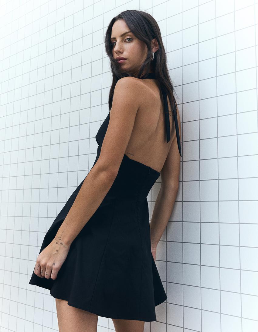 Bengaline halter mini dress-Black-2
