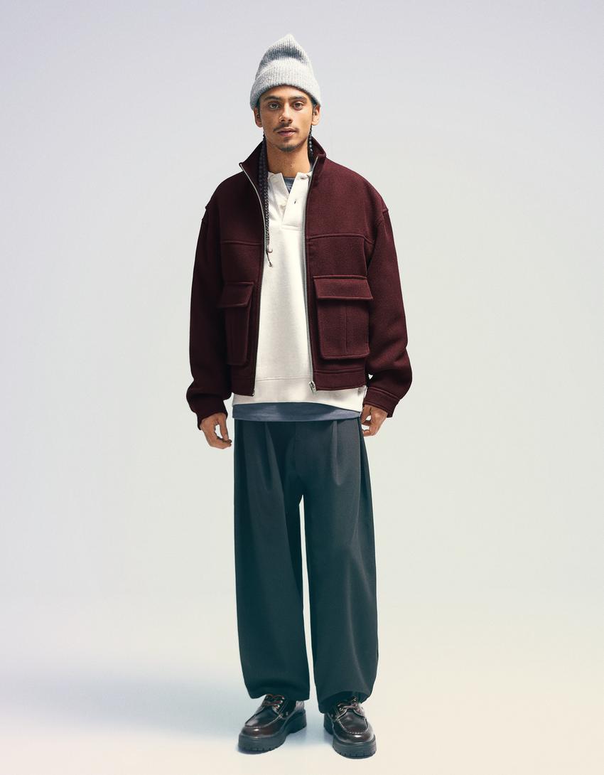 Felt texture jacket with zip-Burgundy