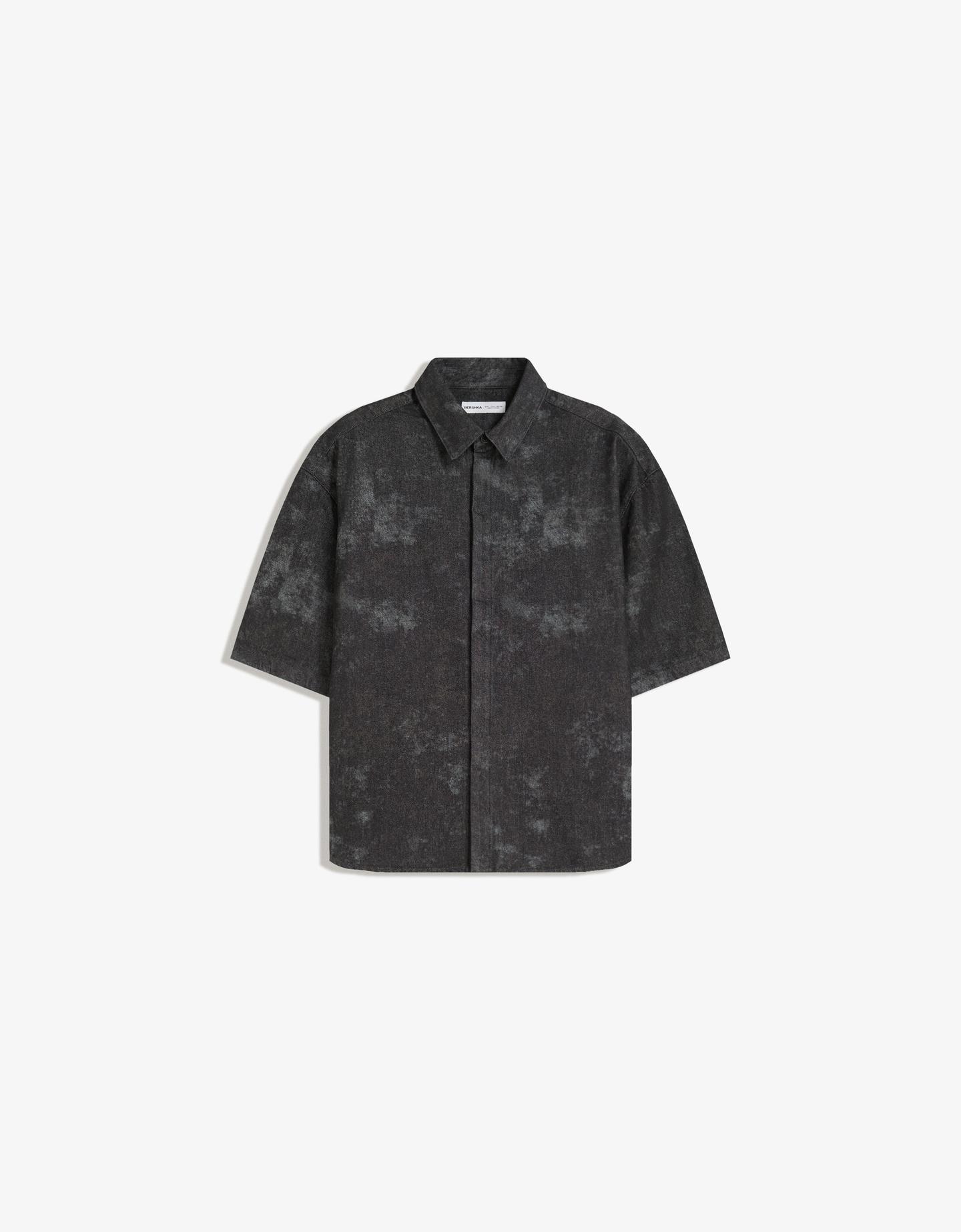 Bershka Camisa Manga Corta Boxy Print Hombre S Negro