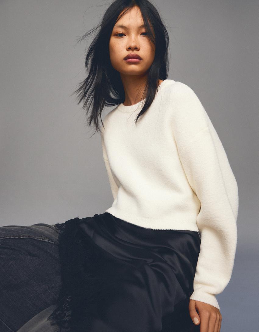 Cropped faux fur jumper-Cream