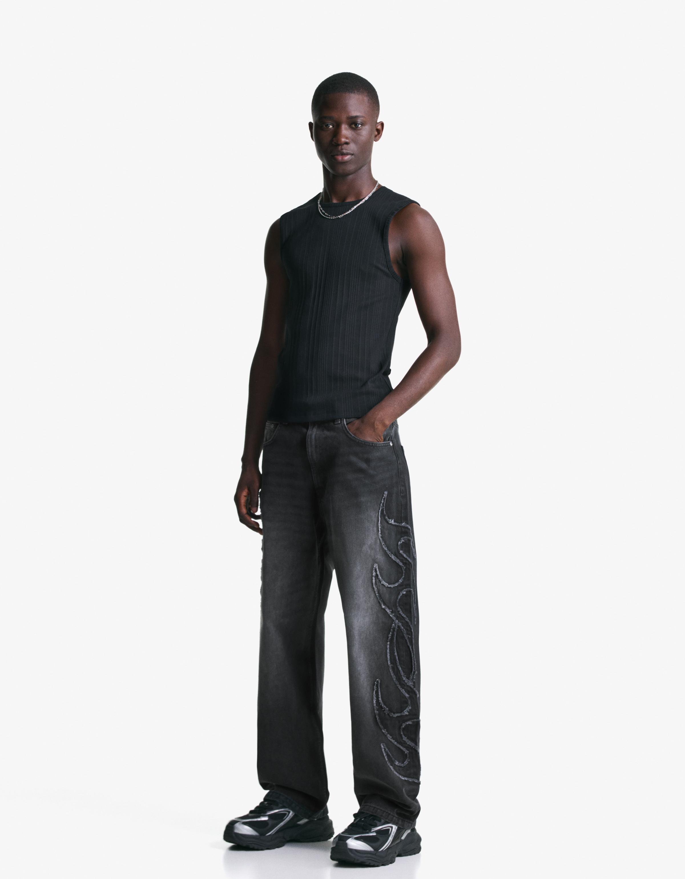Bershka Baggy Jeans Mit Patch Herren 36 Schwarz
