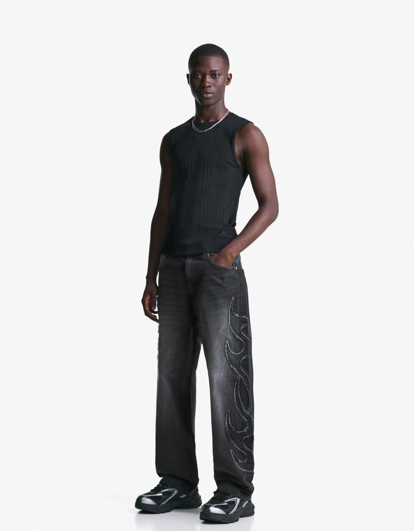Bershka Jeans Baggy Parche Hombre 36 Negro
