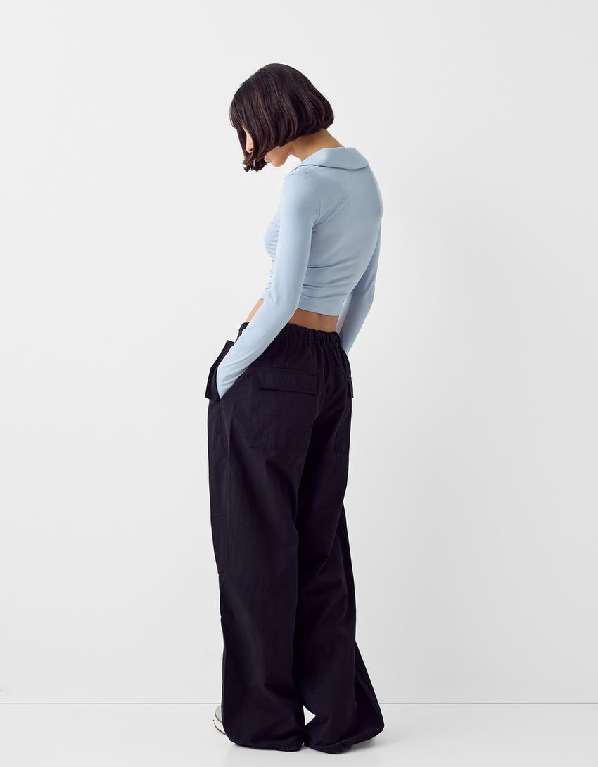 Nylon blend T-shirt with long sleeves and polo collar-Light blue-1