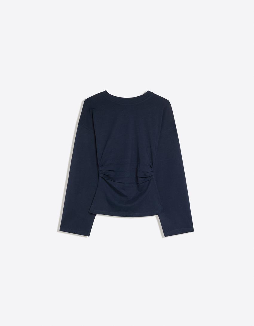 Long sleeve gathered T-shirt-Navy