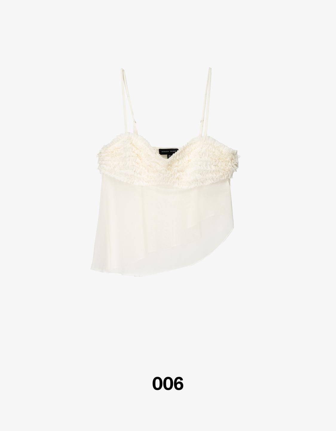 Strappy tulle micro-ruffle top