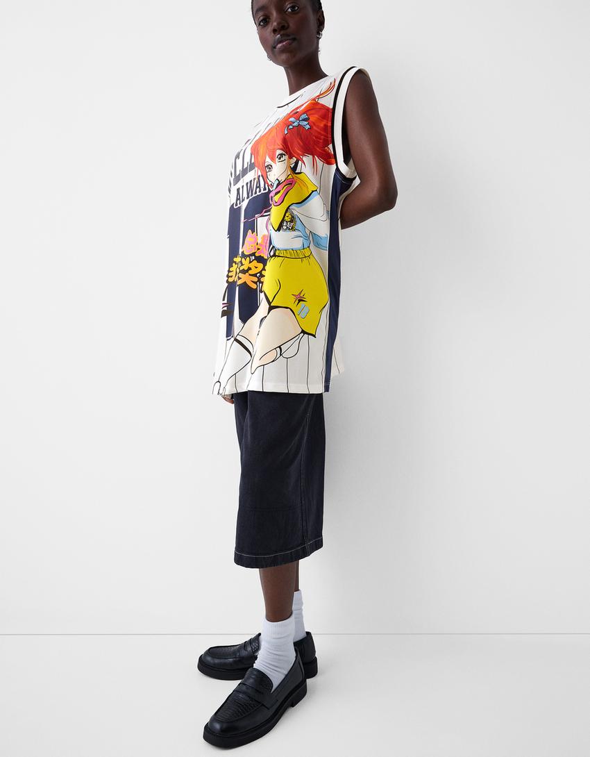 فستان قصير بطبعة رياضية وبدون أكمام-أبيض مطفي-5