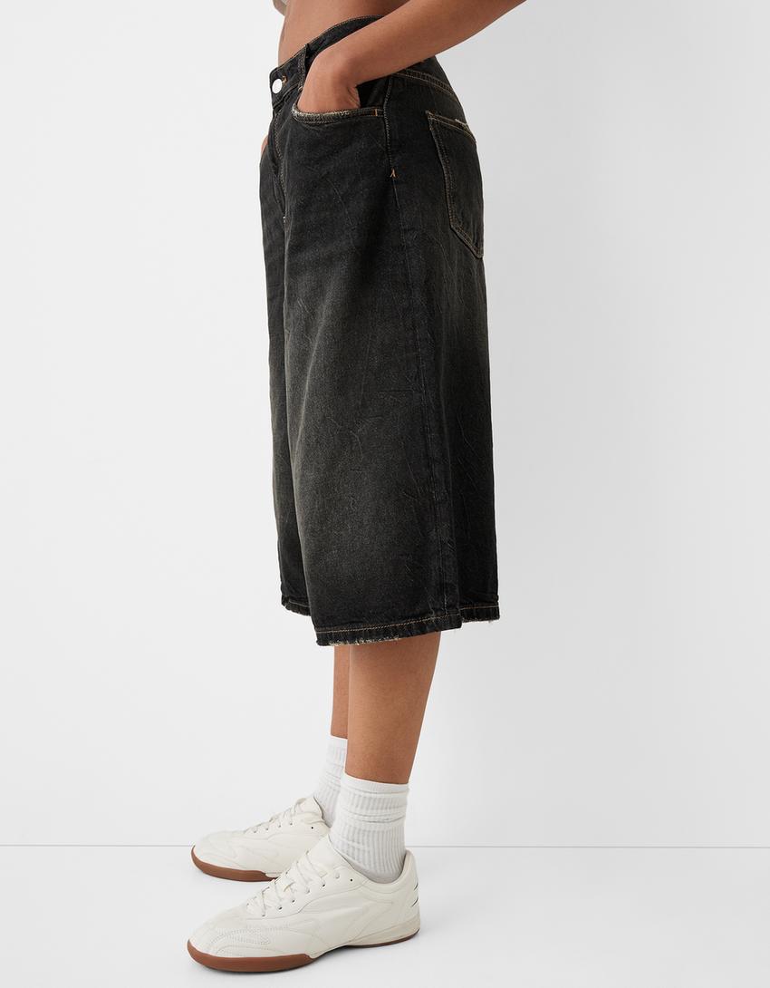 Baggy denim Bermuda shorts-Black-1