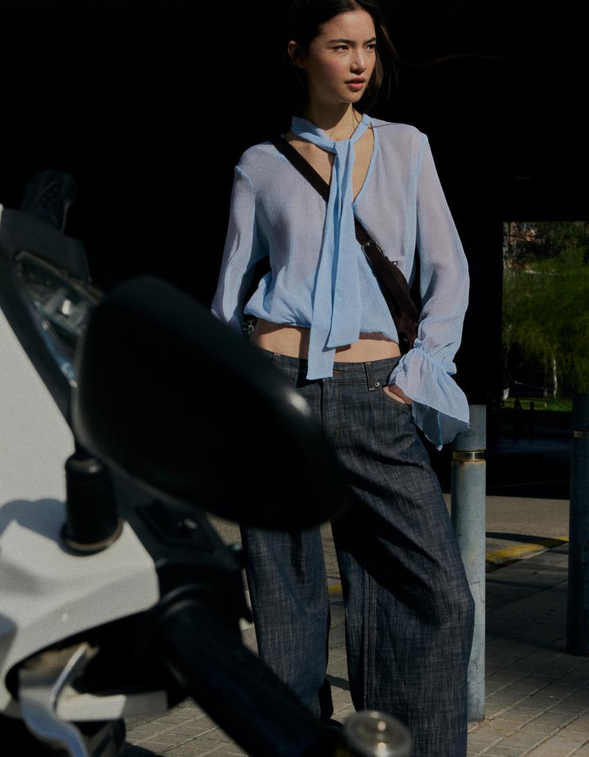 Long sleeve crossover scarf blouse-Light blue