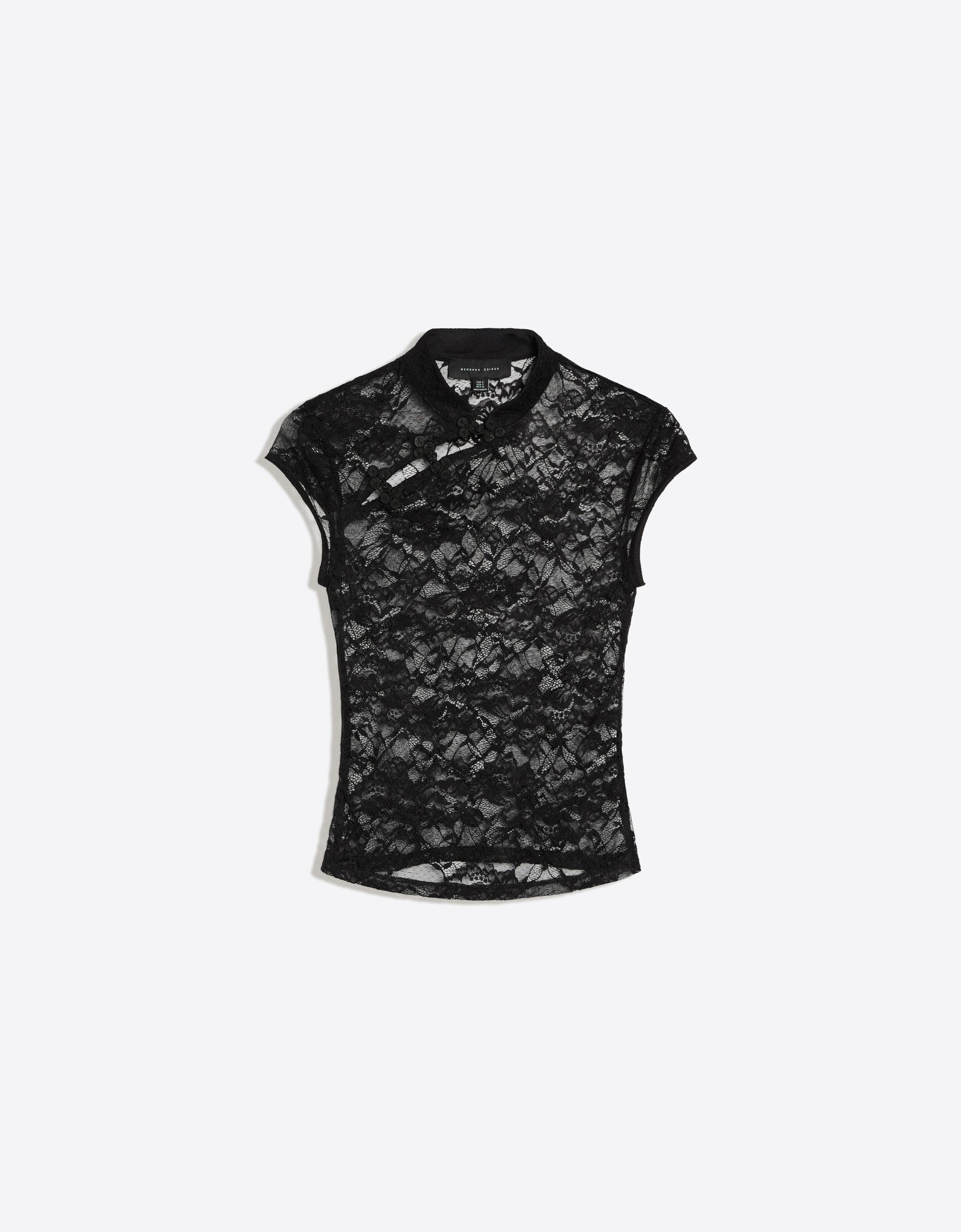 Bershka Top Encaje Alamares Mujer Negro