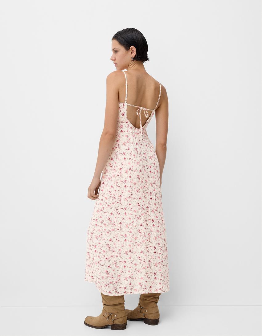 فستان كريب مطبوع متوسط الطول-زهري-2