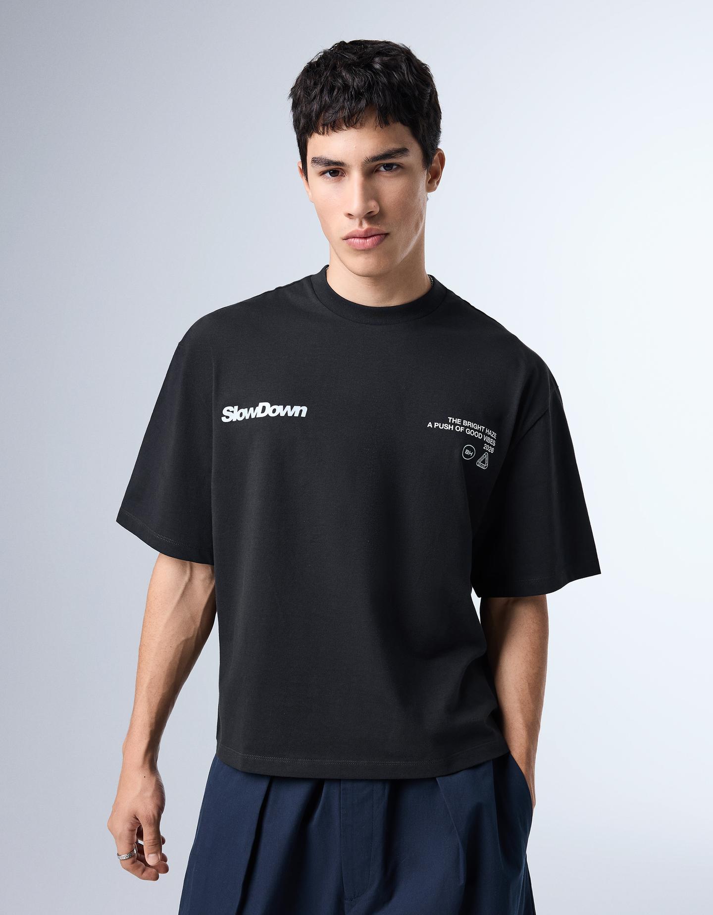 Bershka koszulka boxy z napisem street lettering granatowy