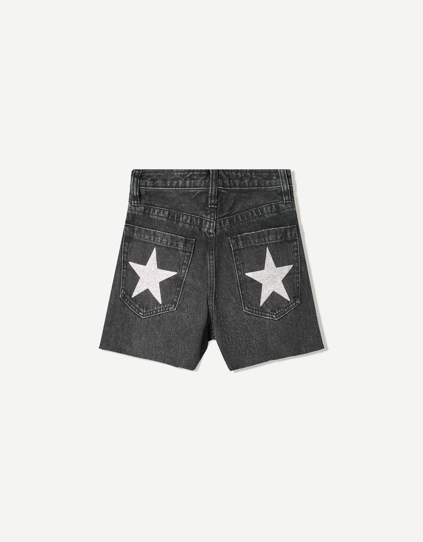 Short in denim anni '90 a gamba larga con risvolto-Nero-4