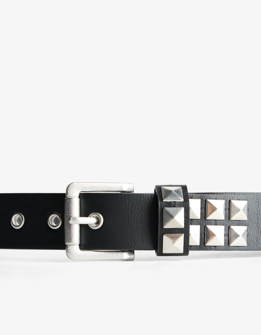 Studded leather effect belt-Black