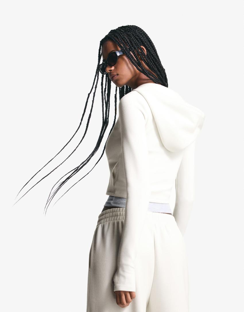 Zip-up modal blend hoodie-Cream-2