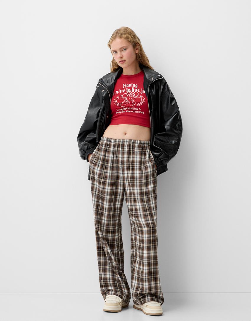 Straight fit check trousers-Brown-0