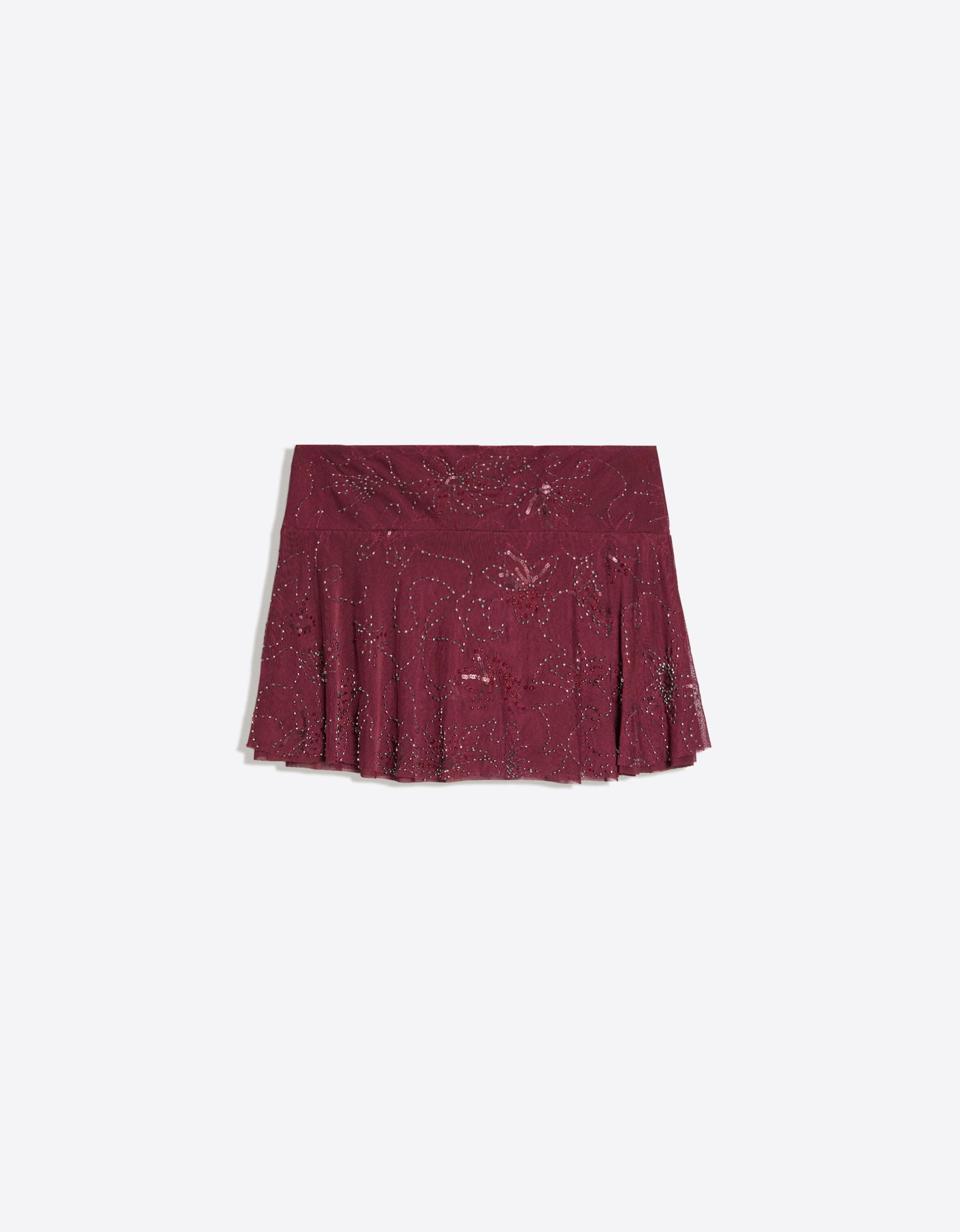 Embroidered ruffle mini skirt — Burgundy
