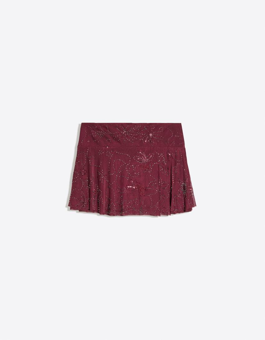 İşlemeli fırfırlı mini etek-Bordo