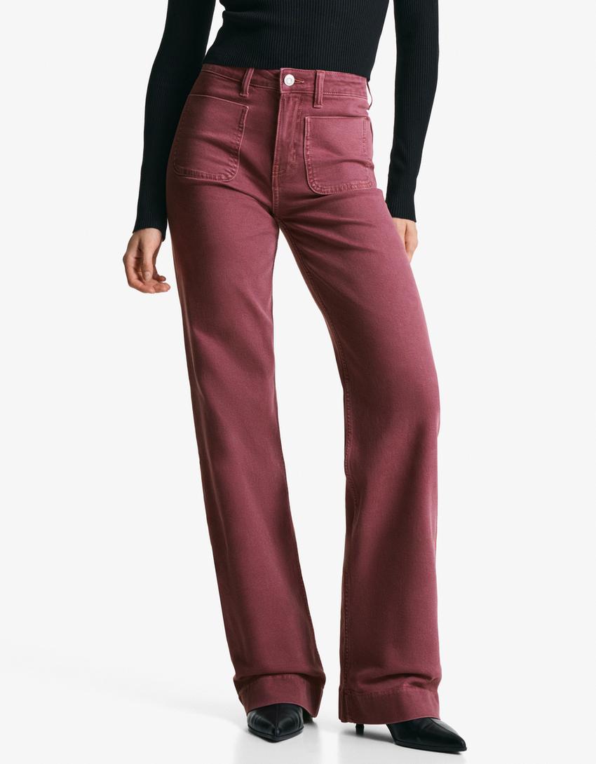 Seamless wide-leg jeans with pockets-Red-3