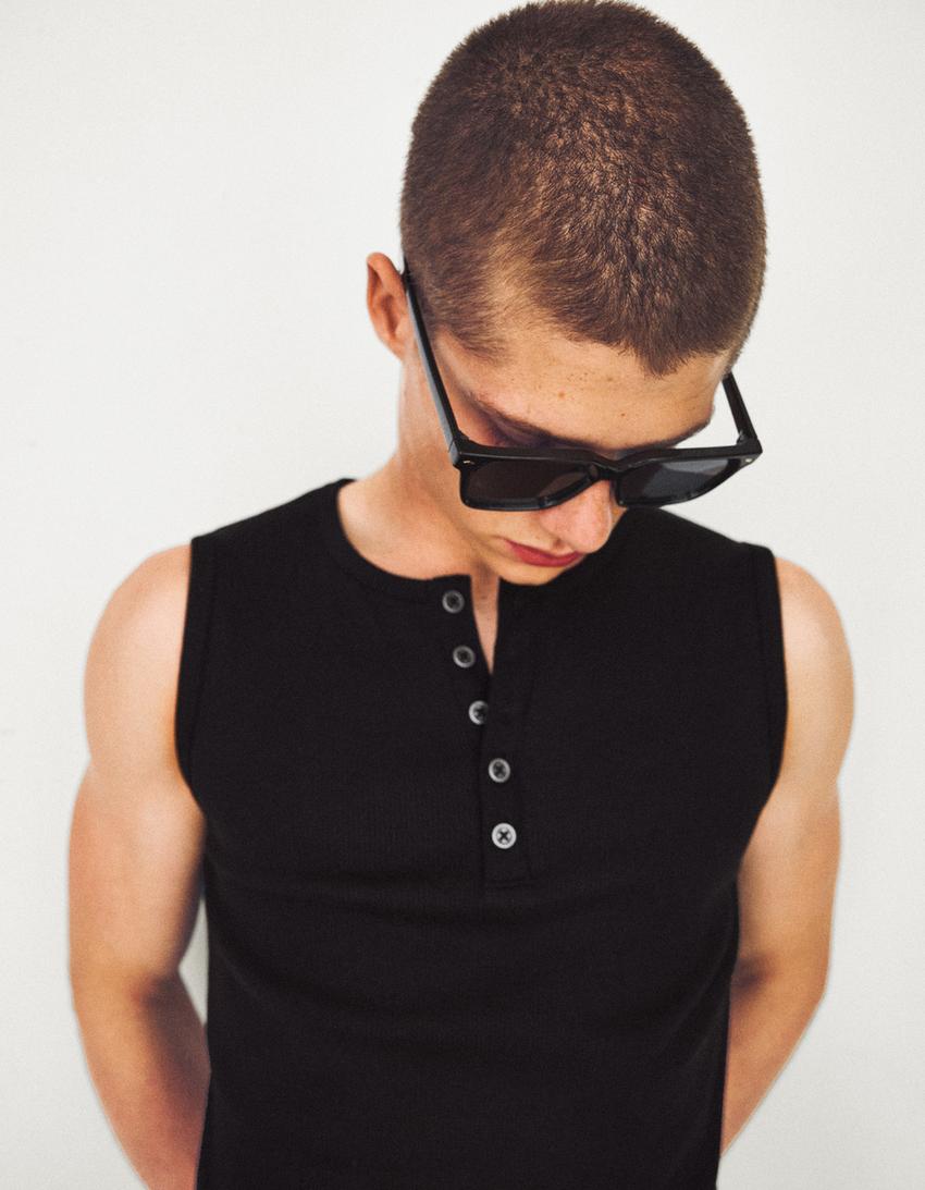 Worker slim fit henley T-shirt-Black