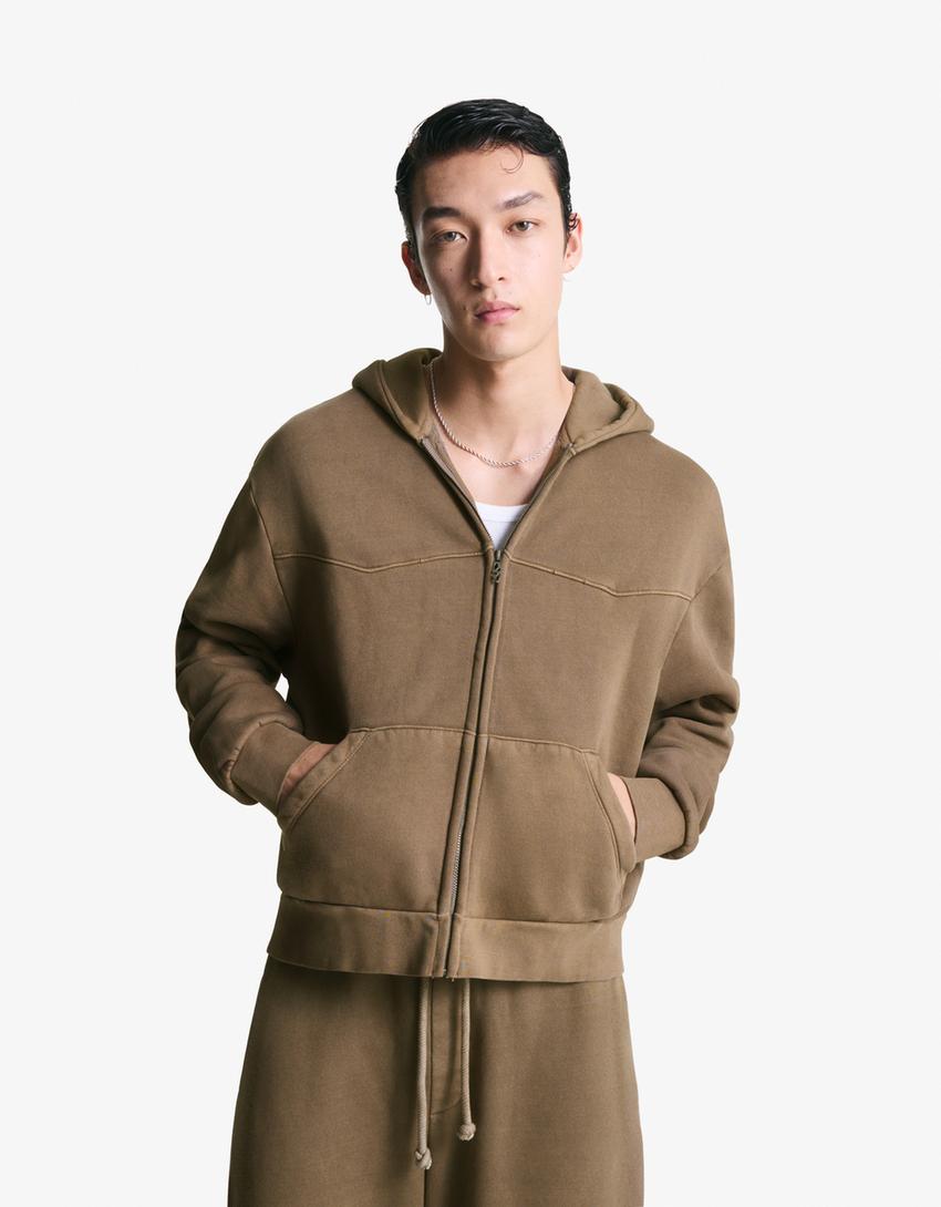 Boxy Cropped-Sweatshirt mit Reißverschluss-Braun-0