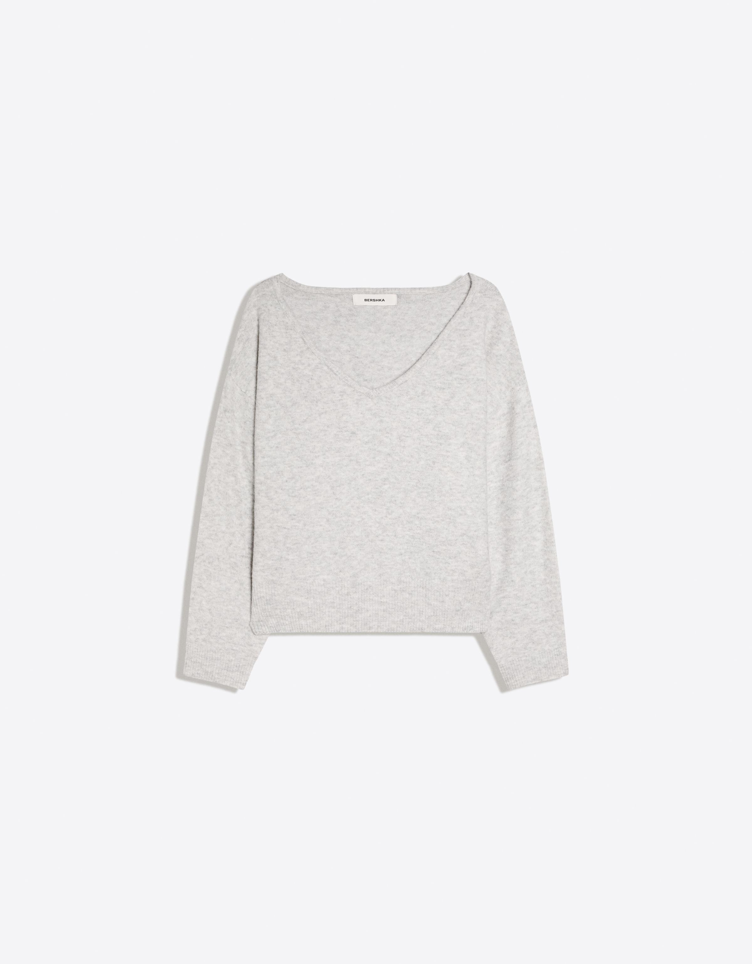 Bershka Jersey Cuello Pico Oversize Mujer Gris