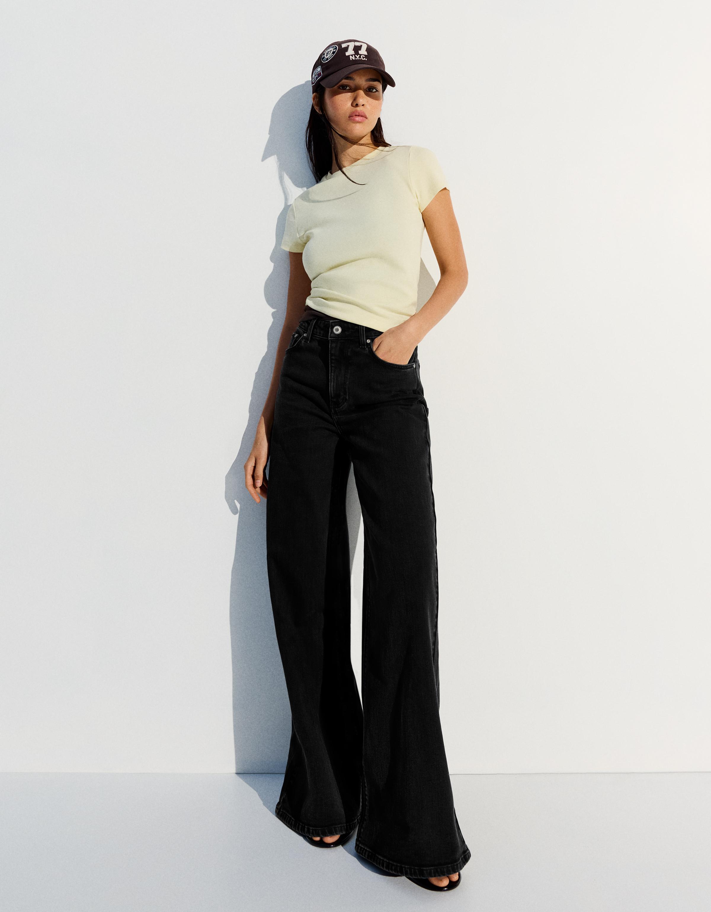Bershka Jeans Wide Leg Tiro Alto Mujer Negro