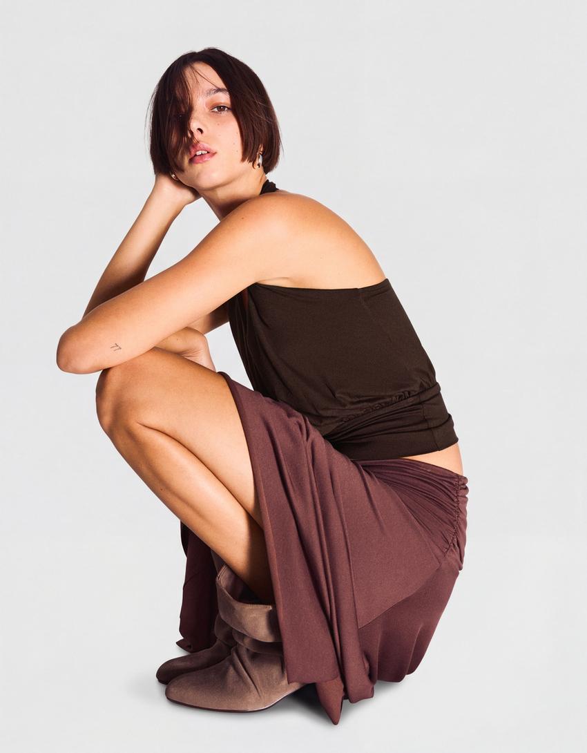 Asymmetric short sleeve T-shirt-Brown