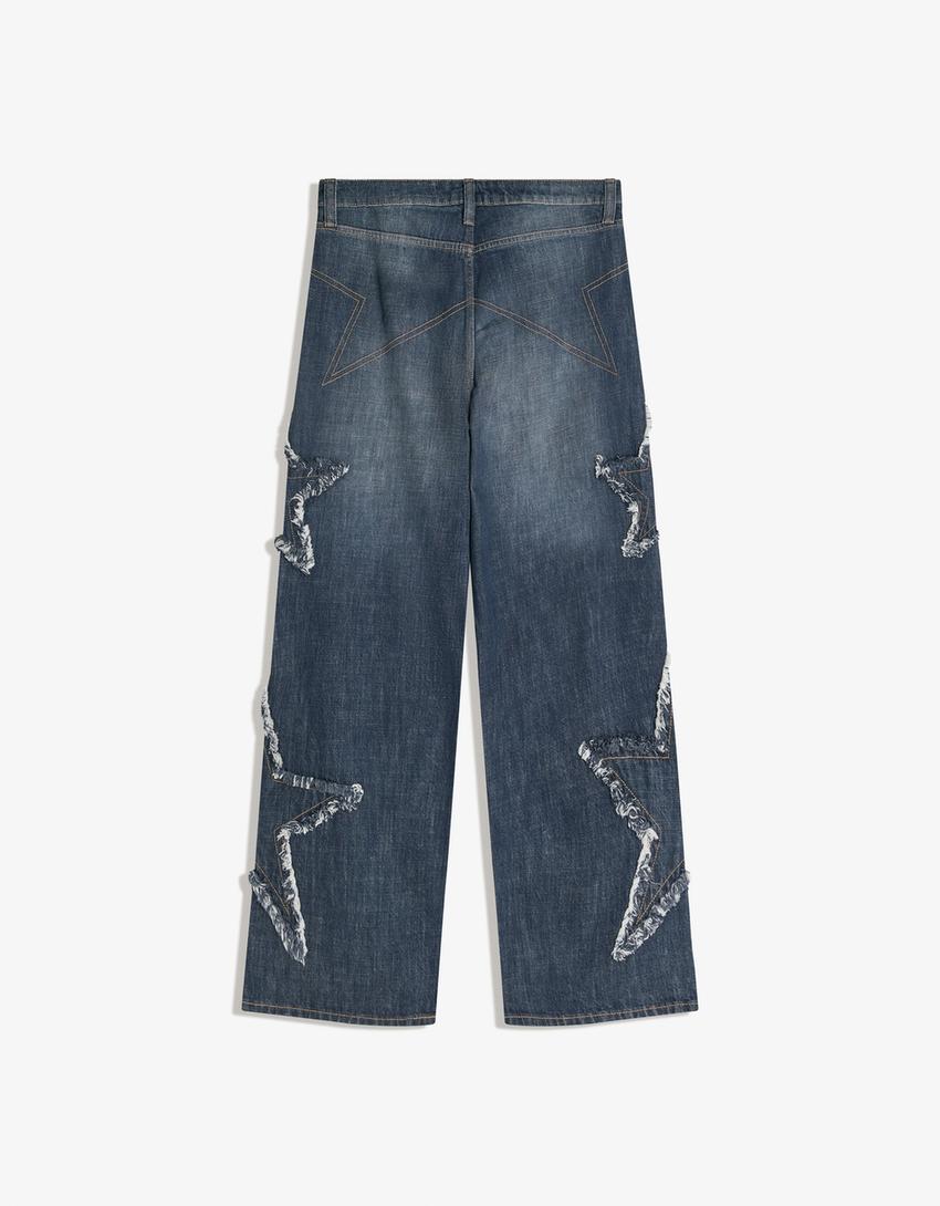 Jeans baggy fit bordado estrelas-Azul