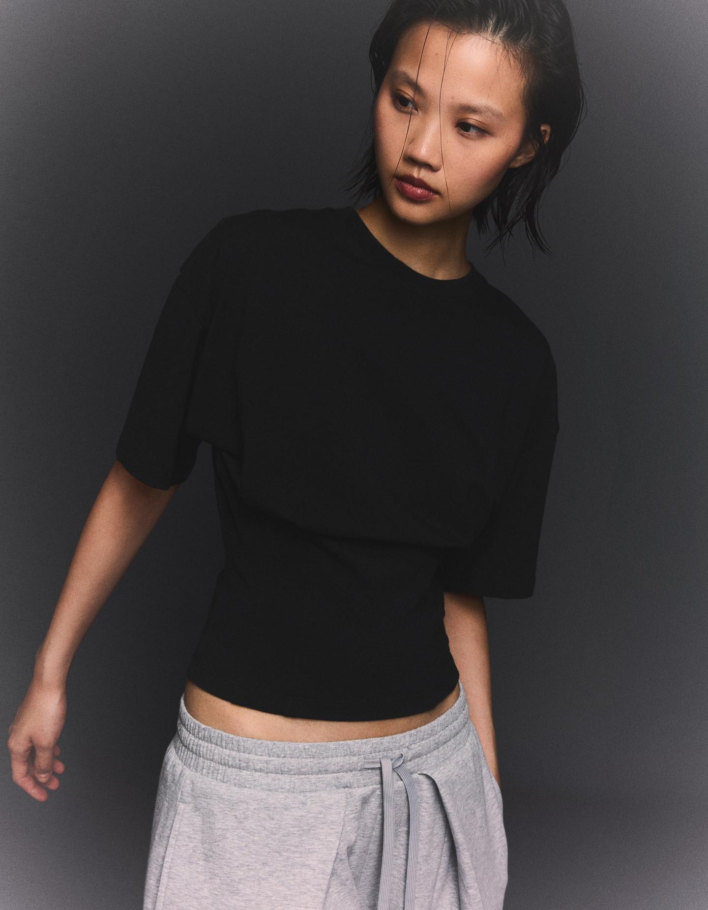 Bershka Maglietta A Maniche Corte Con Corsetto In Vita Donna L Nero