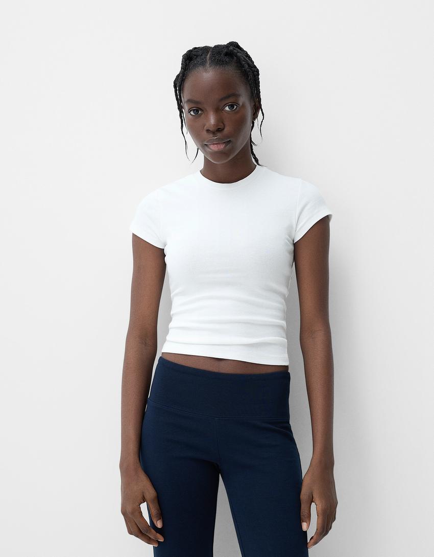 T-shirt met ronde hals en korte mouw-Gebroken Wit