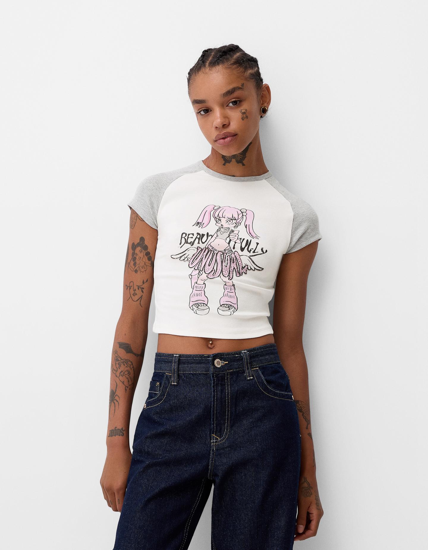 Bershka Camiseta Manga Corta Ranglán Print Mujer Xs Blanco Roto