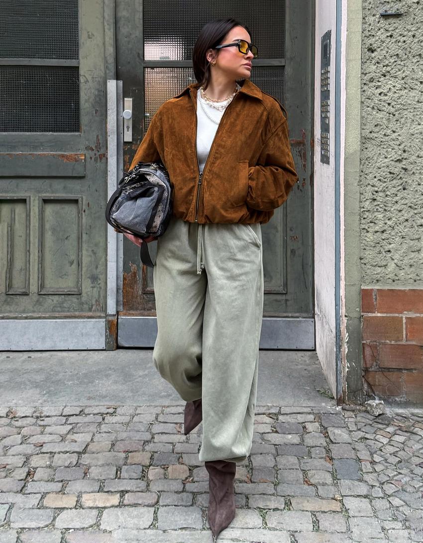 Faux suede balloon jacket-Camel