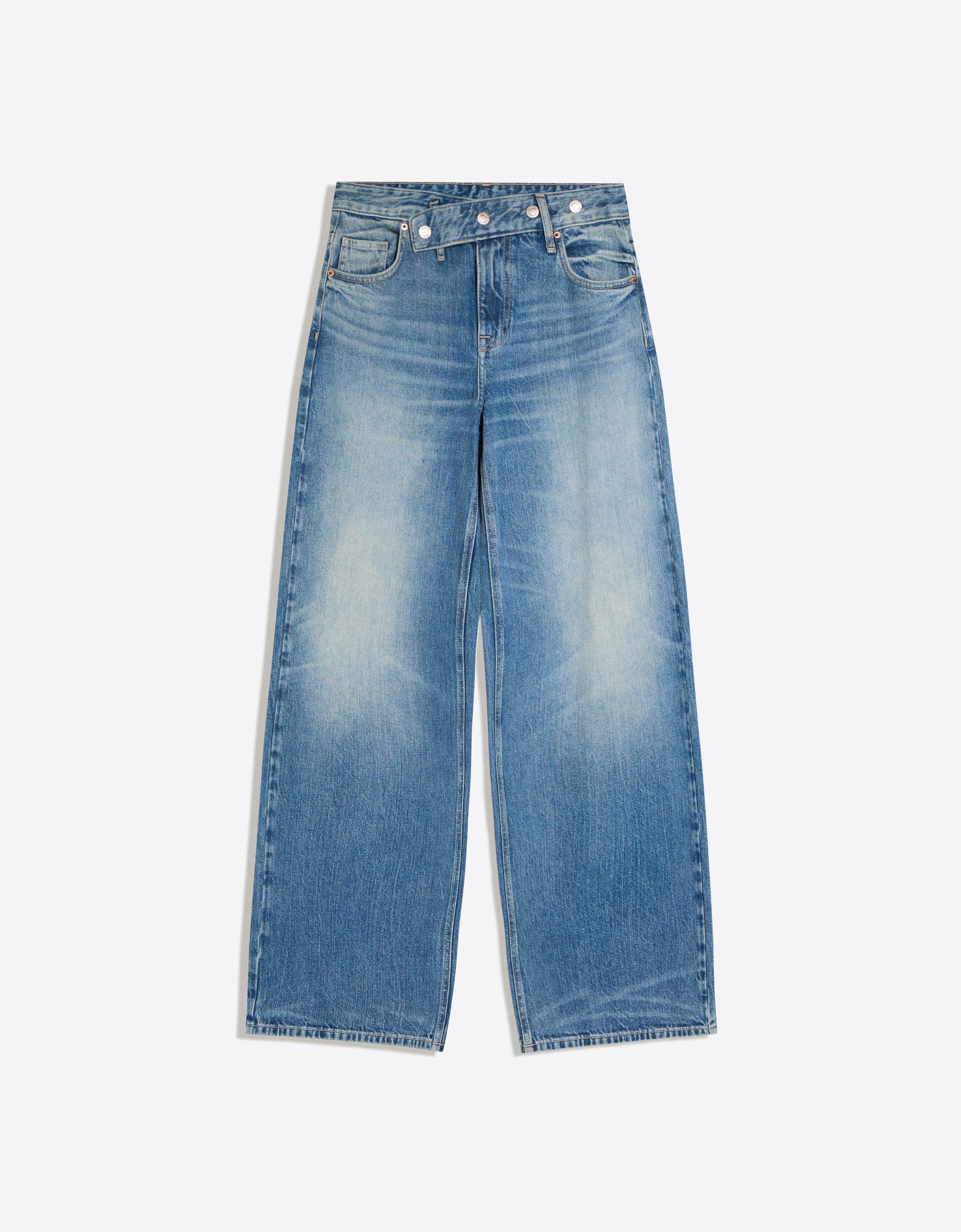 Low-rise straight-leg jeans with crossover waist — Light blue