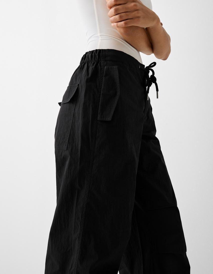 Nylon blend parachute trousers-Black-3