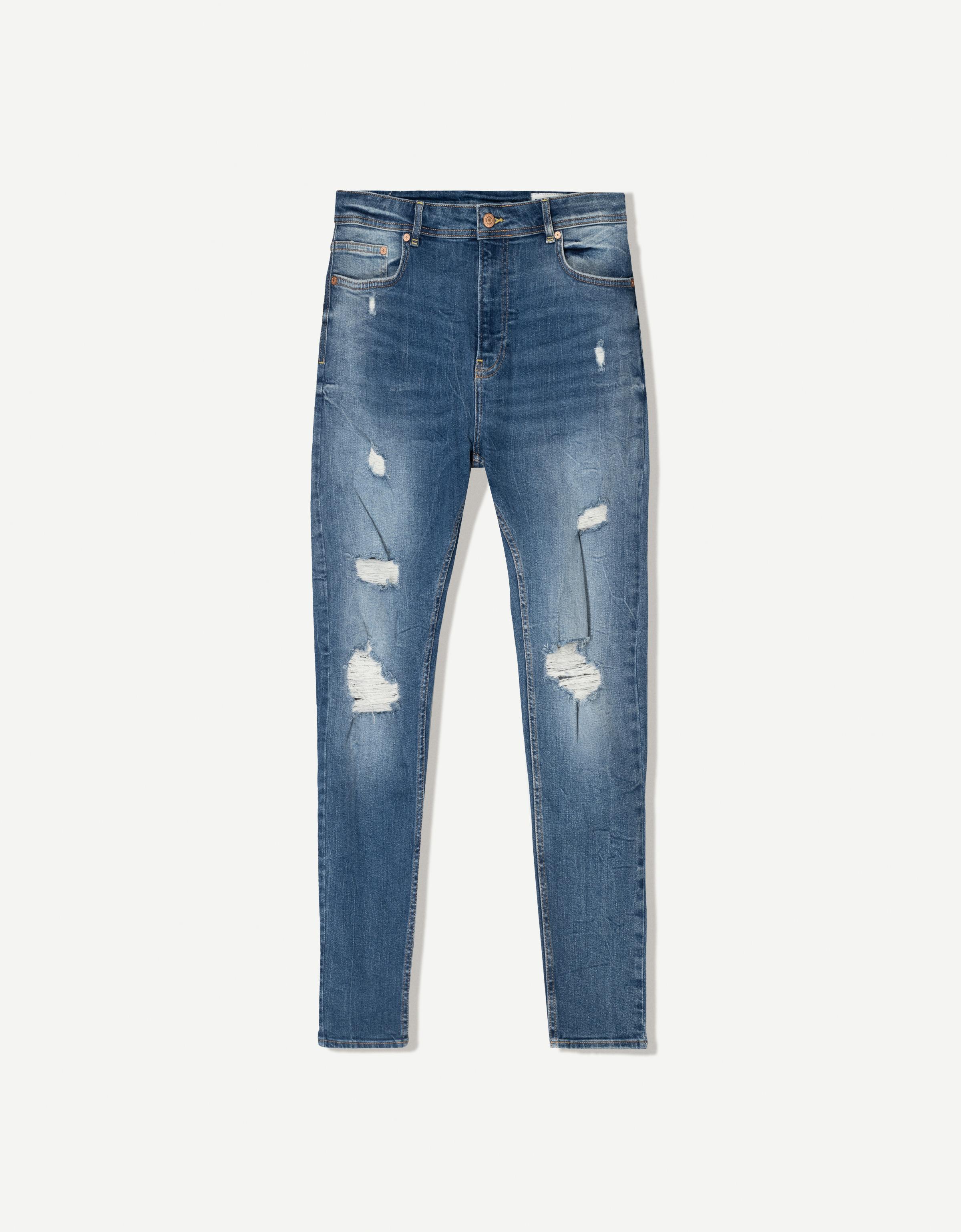 Bershka Super Skinny Jeans Mit Rissen Herren 48 Blau